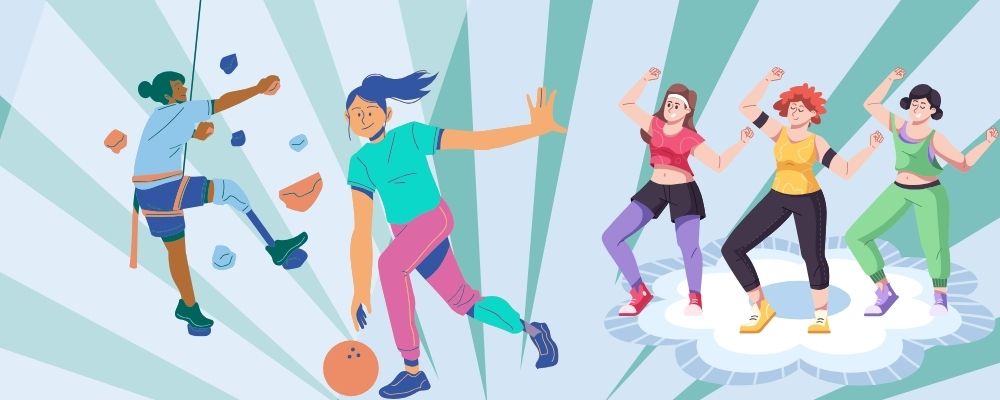 illustration of people dancing, bowling and climbing a rock wall. Let's move!